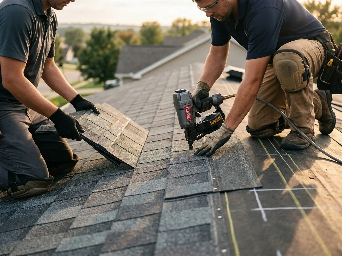 Professional roofer working on a residential roof in St. Clair Shores